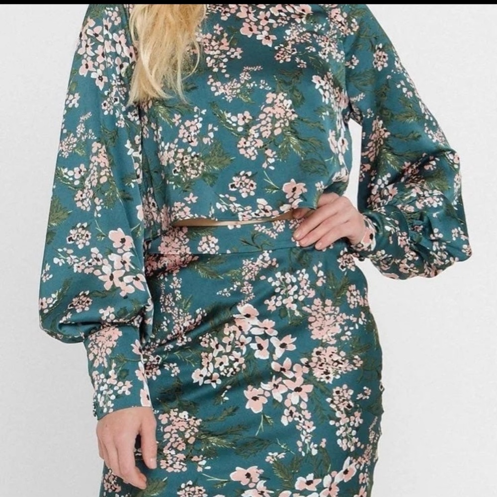 Express Satin Top and Skirt with Long Bishop Sleeves for Wedding Guest